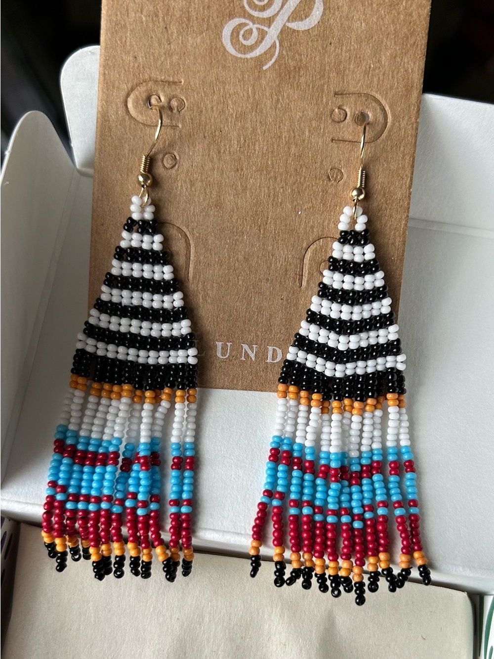 Plunder Black, White, Turquoise, Red and Gold Beaded Fringe Earrings
